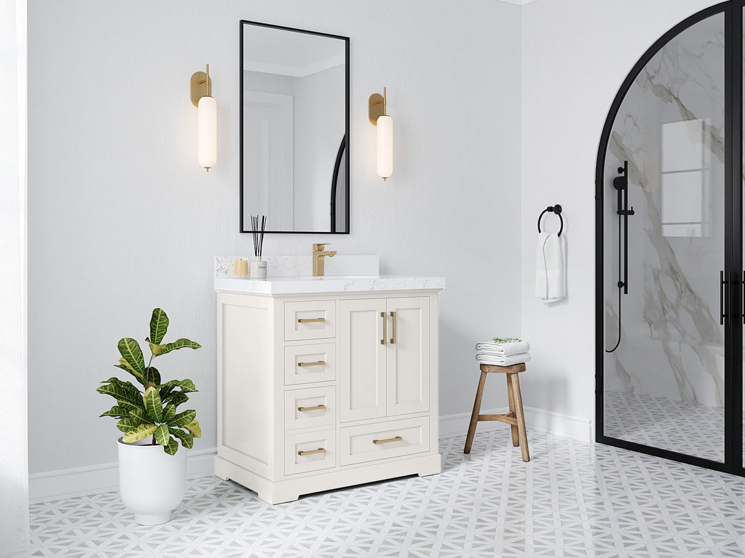 Boston 36 in. W x 22 in. D Single Sink Bathroom Vanity in Alabaster with Countertop - Side View Open Drawer