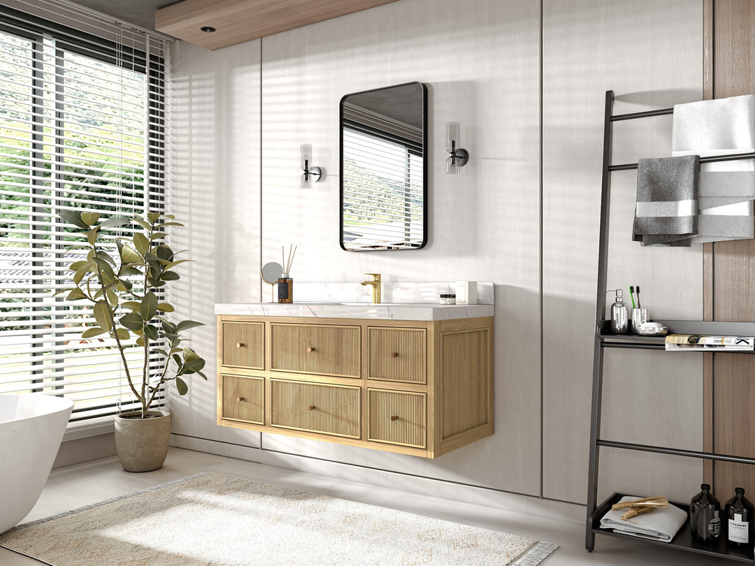 Sonoma Floating Teak 48 in. W x 22 in. D Single Sink Bathroom Vanity in Light Natural with countertop - Side View