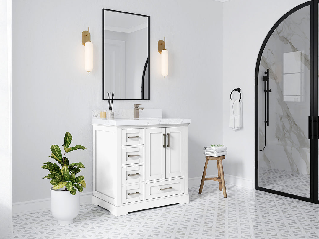 Boston 36 in. W x 22 in. D Single Sink Bathroom Vanity in White with Countertop - Side View