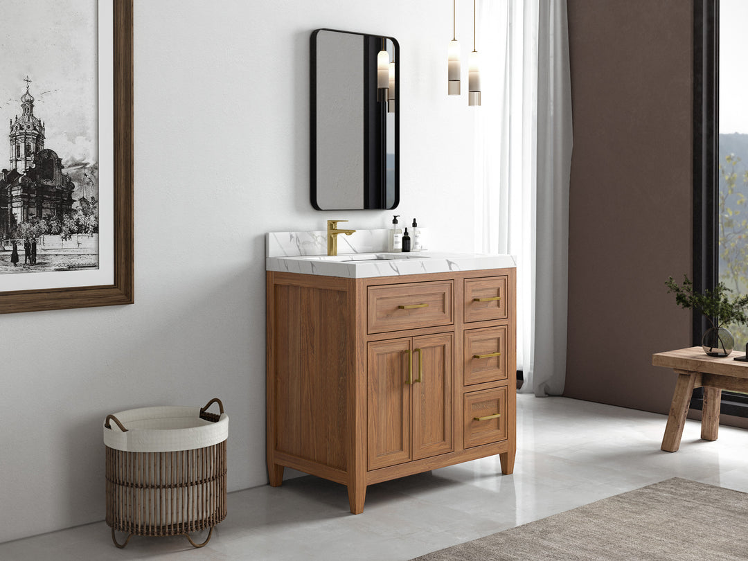 Santa Monica Teak Wood 36 in. W x 22 in. D Left Offset Sink Bathroom Vanity