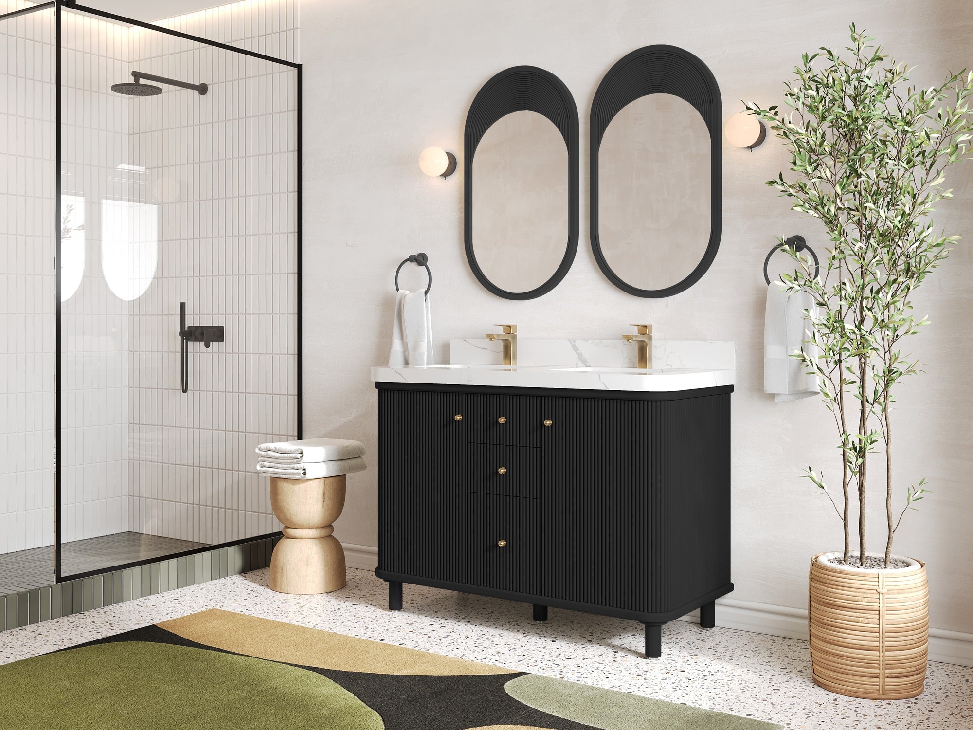 Miami 48 in. W x 22 in. D Double Sink Bathroom Vanity in Black with Countertop - Side View