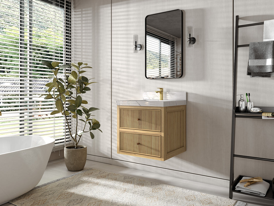 Sonoma Floating Teak 24 in. W x 22 in. D Single Sink Bathroom Vanity in Light Natural with countertop - Side View