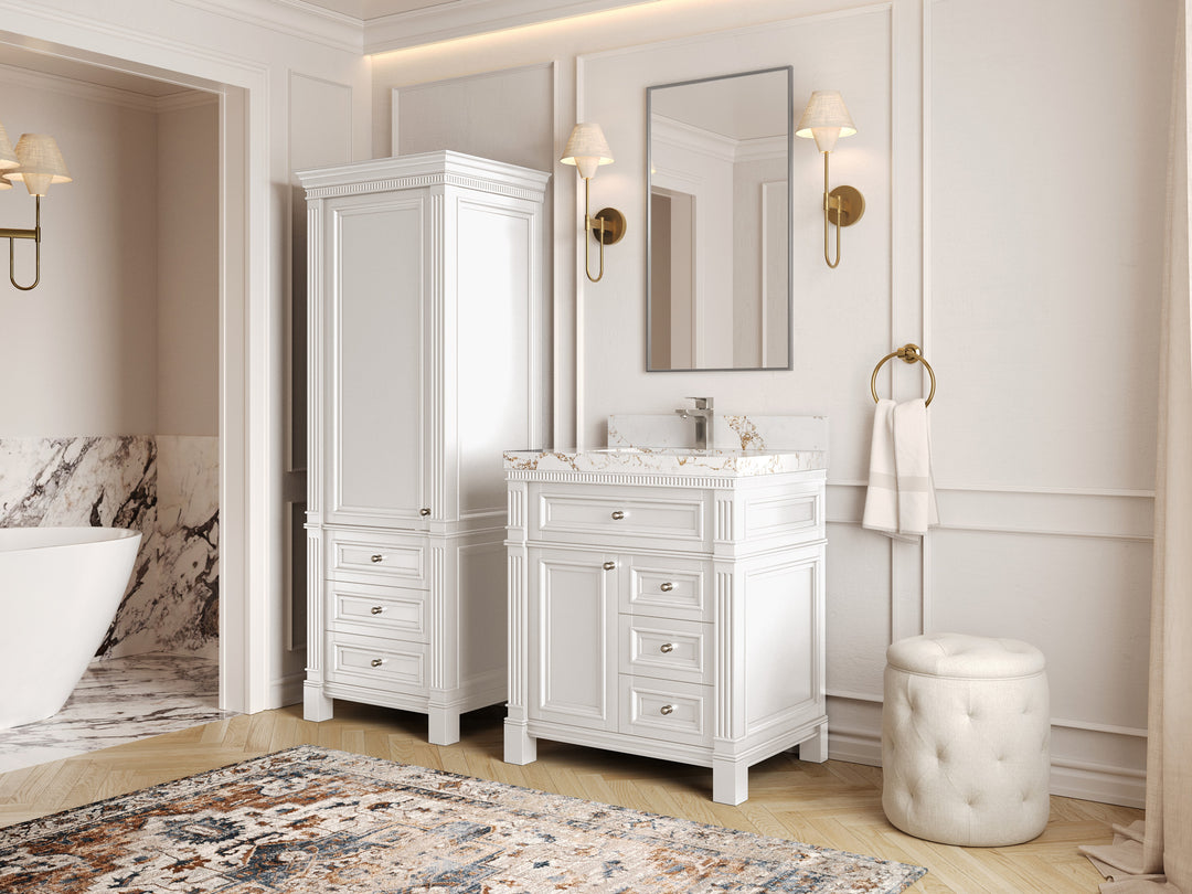 Paris 30 in. W x 22 in. D Single Sink Bathroom Vanity in White with Countertop - Side View 