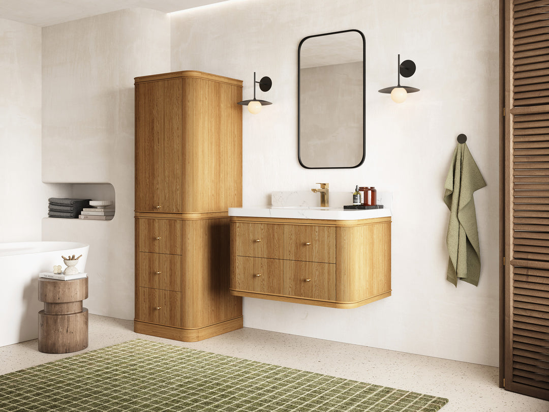 Hampton Floating Teak 36 in. W x 22 in. D Single Sink Bathroom Vanity with Countertop - Side View