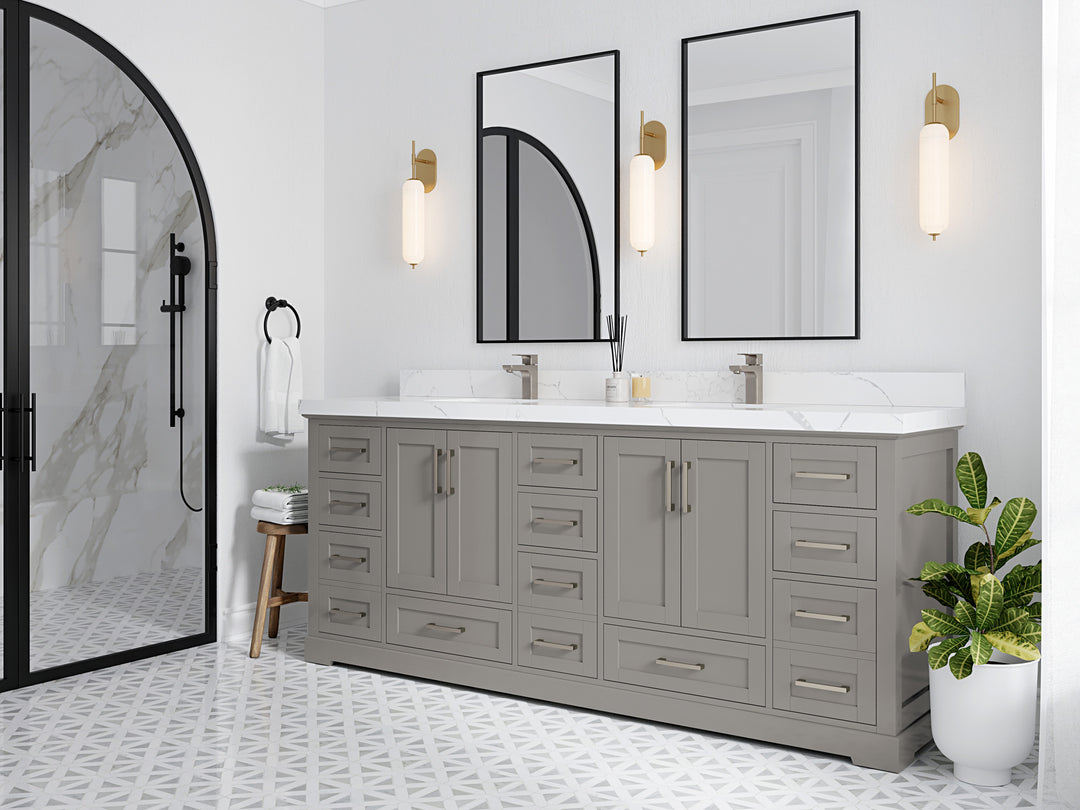 Boston 84 in. W x 22 in. D Double Sink Bathroom Vanity in Elephant Skin Gray with Countertop - Side View