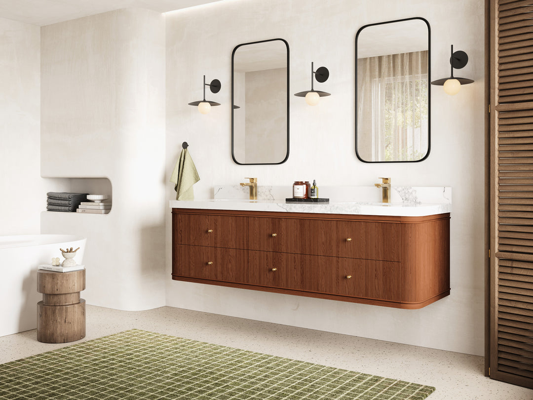 Hampton Floating Teak 72 in. W x 22 in. D Double Sink Bathroom Vanity with Countertop - Side View