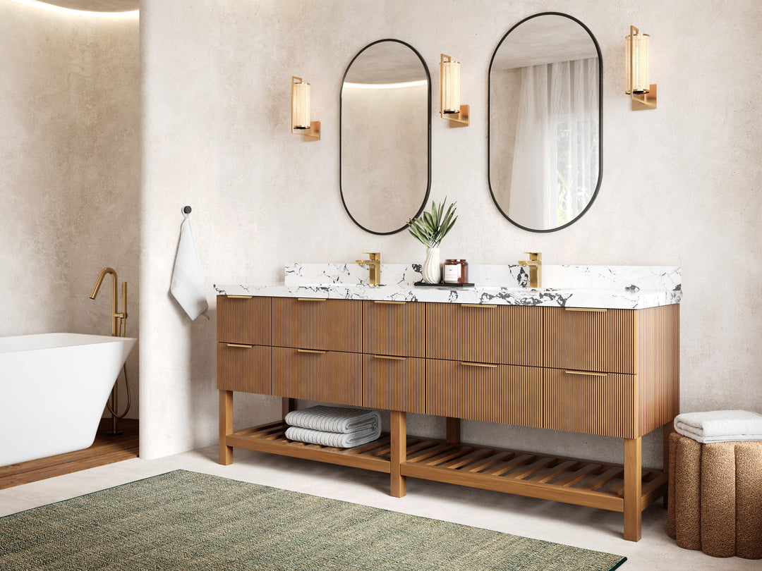 Catalina Teak 84 in W x 22 in D Free Standing Reeded Double Sink Bathroom Vanity