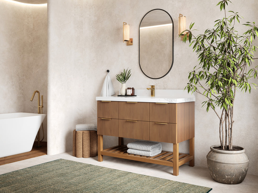 Catalina Teak 48 in W x 22 in D Free Standing Reeded Single Sink Bathroom Vanity