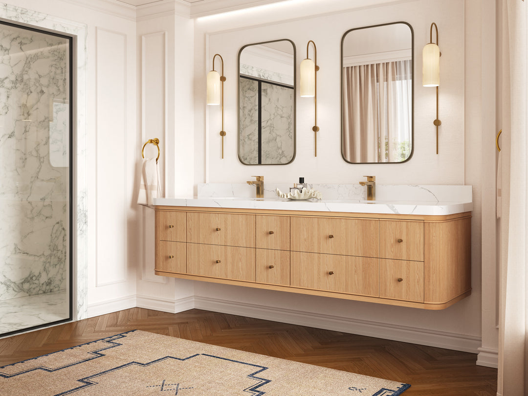 Hampton Floating White Oak 84 in. W x 22 in. D Double Sink Bathroom Vanity with Countertop - Side View