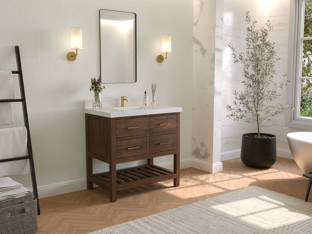 Parker Teak  36 in. W x 22 in. D Center Sink Bathroom Vanity in Dark Walnut  with Countertop - Side View 
