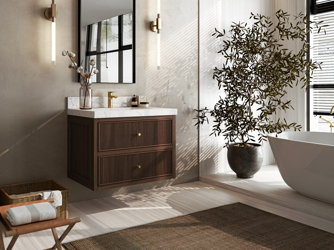 Sonoma Floating Teak 30 in. W x 22 in. D Single Sink Bathroom Vanity in Dark Walnut Finish with countertop - Side View