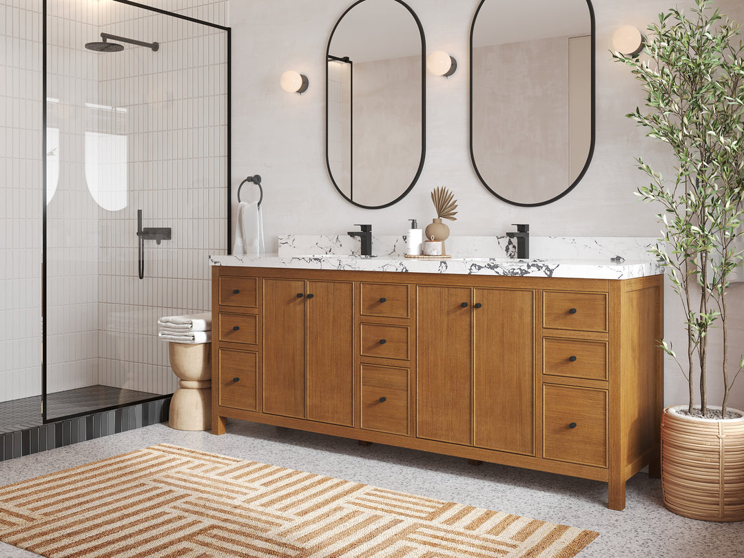 Chicago Veneer Teak 84 in. W x 22 in. D Double Sink Bathroom Vanity