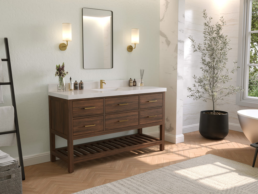 Parker Teak  60 in. W x 22 in. D Single Sink Bathroom Vanity in Dark Walnut  with Countertop - Side View 