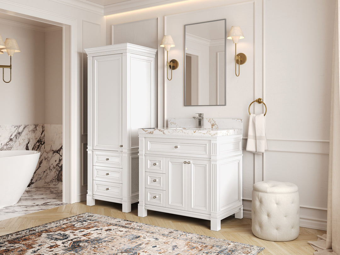 Paris 36 in. W x 22 in. D Center Sink Bathroom Vanity in  White with Countertop - Side View 