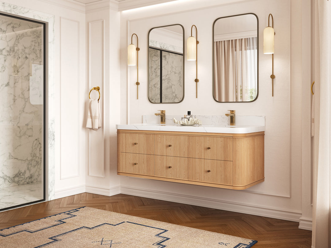 Hampton Floating White Oak 60 in. W x 22 in. D Double Sink Bathroom Vanity with Countertop - Side View