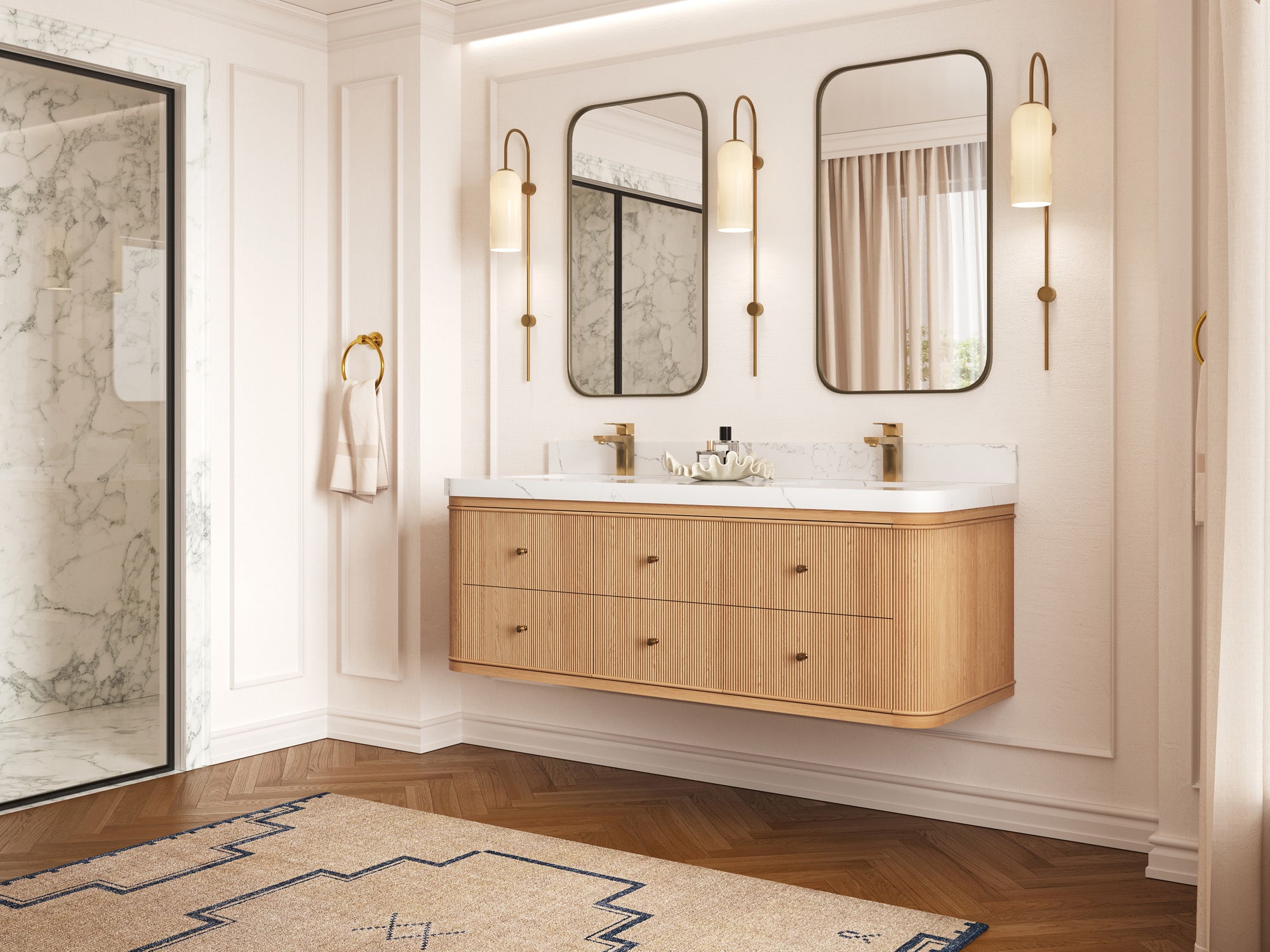 Hampton Floating White Oak 60 in. W x 22 in. D Double Sink Bathroom Vanity with Countertop - Side View
