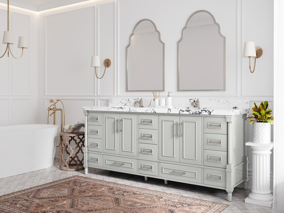 Aberdeen 80 in. W x 22 in. D Double Sink Bathroom Vanity in Coventry Gray with countertop - Side View Open Drawer