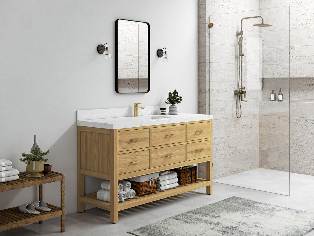 Parker Teak  60 in. W x 22 in. D Single Sink Bathroom Vanity in Light Natural  with Countertop - Side View 
