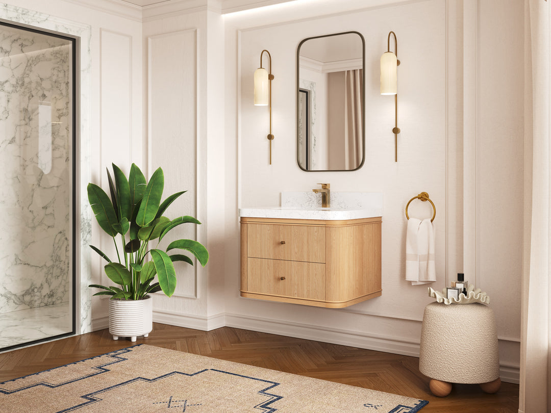 Hampton Floating White Oak 30 in. W x 22 in. D Single Sink Bathroom Vanity with Countertop - Side View