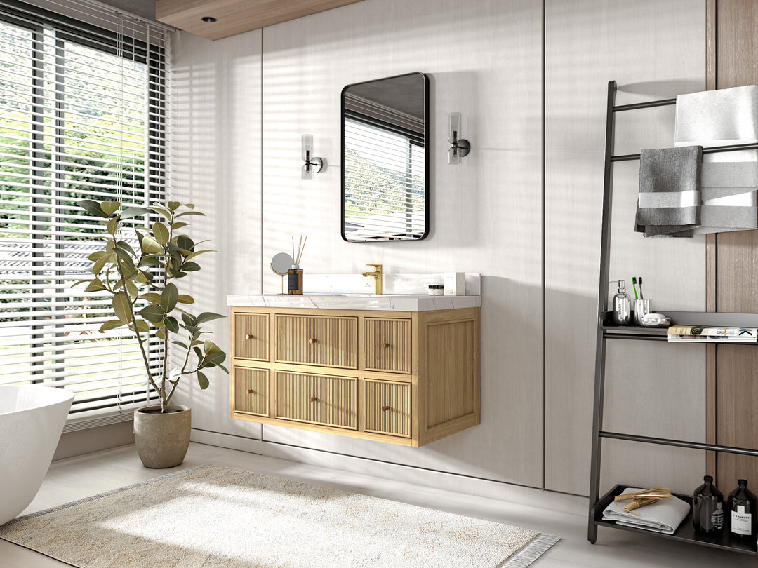 Sonoma Floating Teak 42 in. W x 22 in. D Single Sink Bathroom Vanity in Light Natural with countertop - Side View