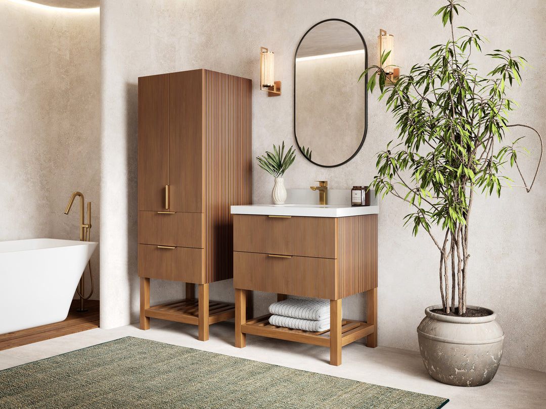 Catalina Teak 30 in W x 22 in D Free Standing Reeded Single Sink Bathroom Vanity