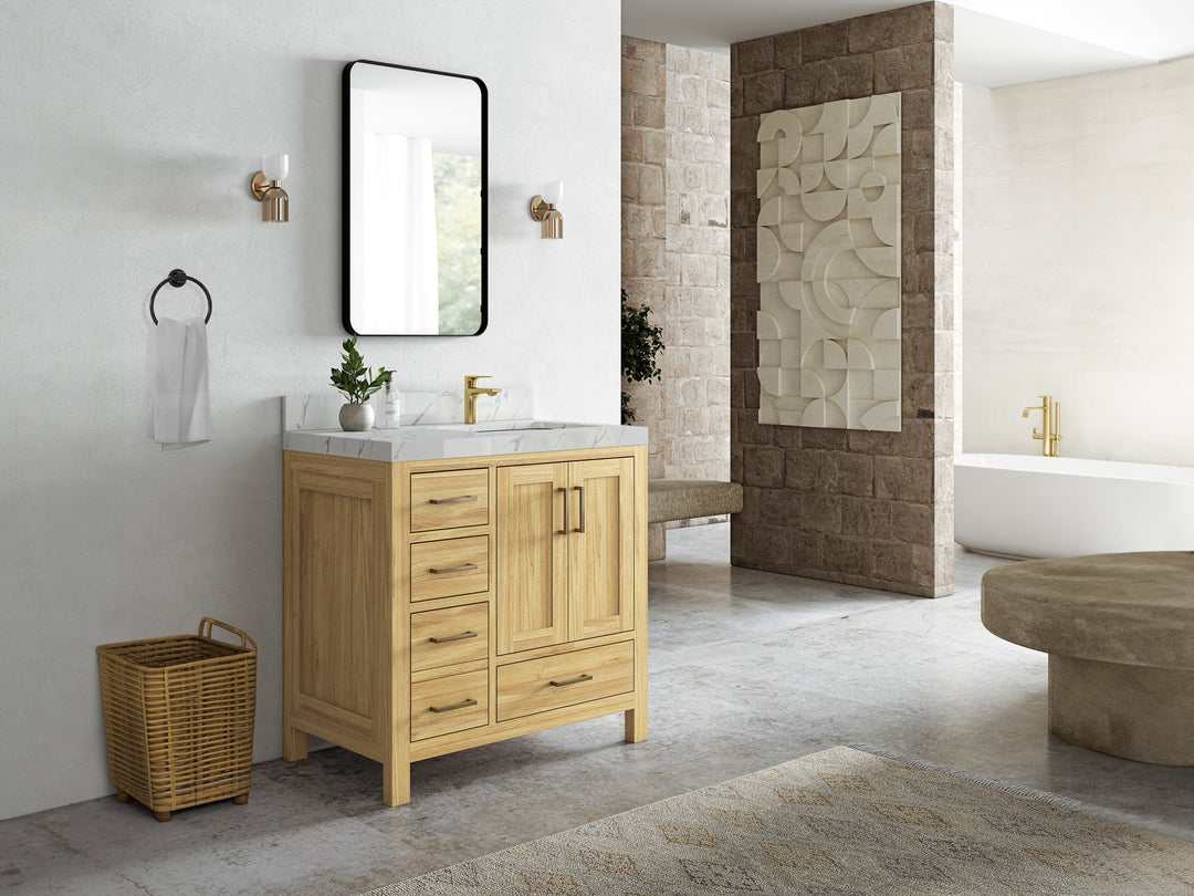 Malibu Teak Wood 36 in. W x 22 in. D Right Offset Sink Bathroom Vanity