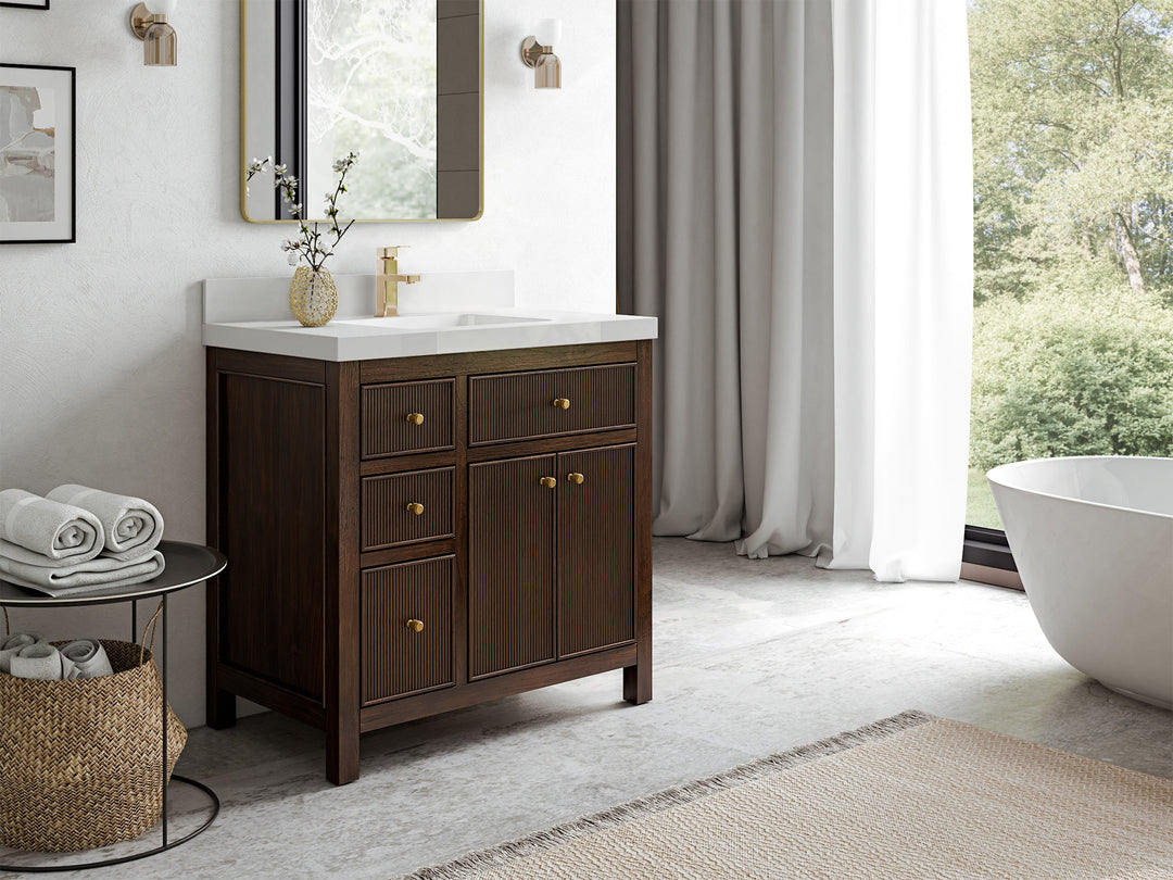 Teak Wood Bath Vanity – 36" W x 22" D, Sonoma Collection, Center Sink