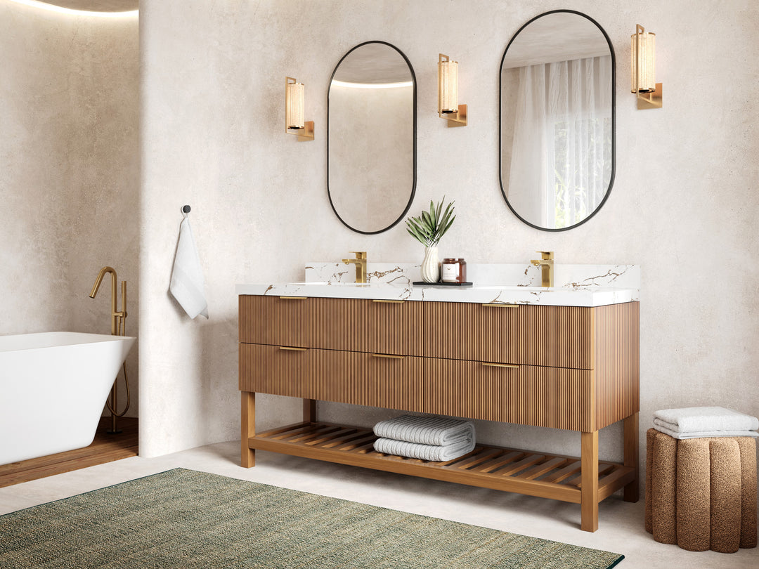 Catalina Teak 72 in W x 22 in D Free Standing Reeded Double Sink Bathroom Vanity