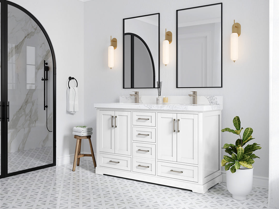 Boston 60 in. W x 22 in. D Double Sink Bathroom Vanity in White with Countertop - Side View