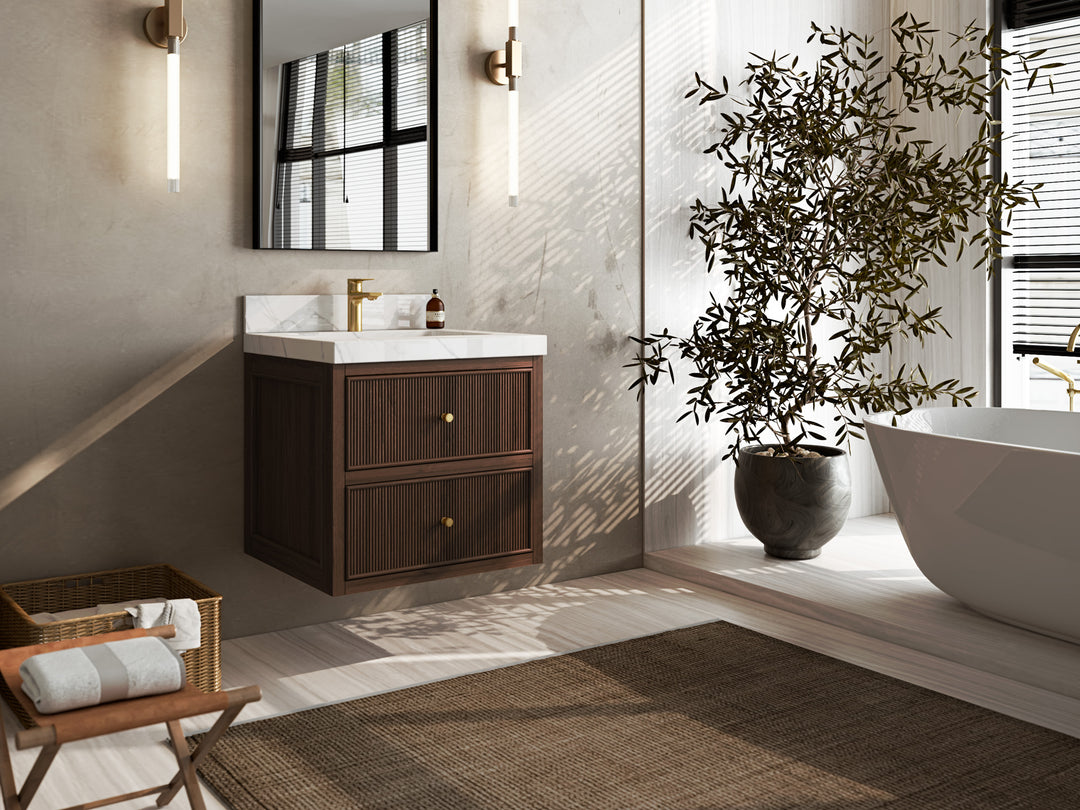 Sonoma Floating Teak 24 in. W x 22 in. D Single Sink Bathroom Vanity in Dark Walnut Finish with countertop - Side View Open