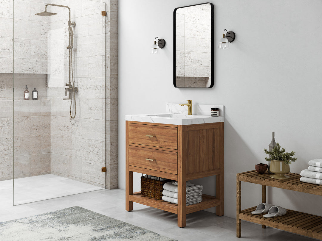 Parker Teak  30 in. W x 22 in. D Single Sink Bathroom Vanity in Golden  with Countertop - Side view Open drawer 
