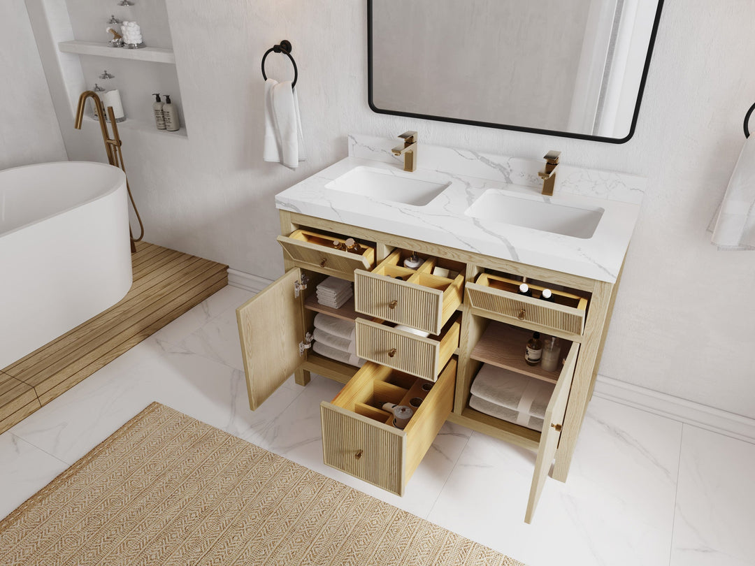 Sonoma Oak 48 in. W x 22 in. D Double Sink Bathroom Vanity in Dark Natural with countertop - Side View Open