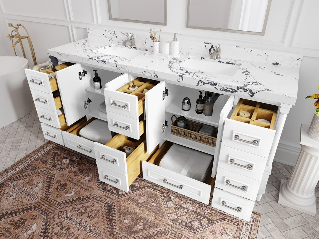 Aberdeen 80 in. W x 22 in. D Double Sink Bathroom Vanity in White with countertop - Side View Open Drawer