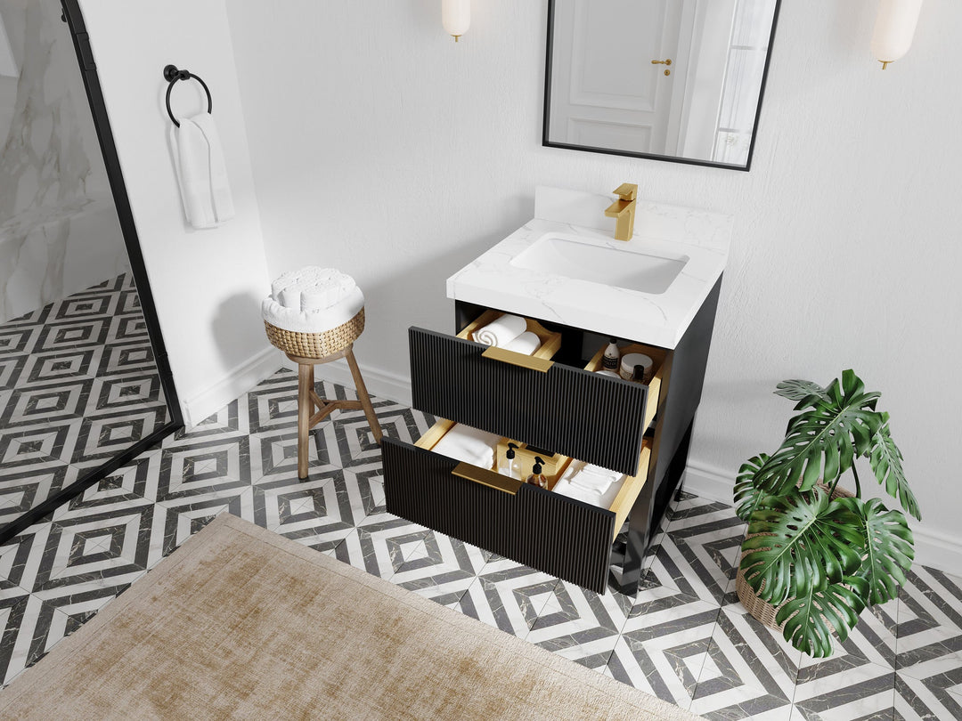 Catalina 24 in. W x 22 in. D Single Sink Bathroom Vanity in Black with Countertop- Side View Open Drawer