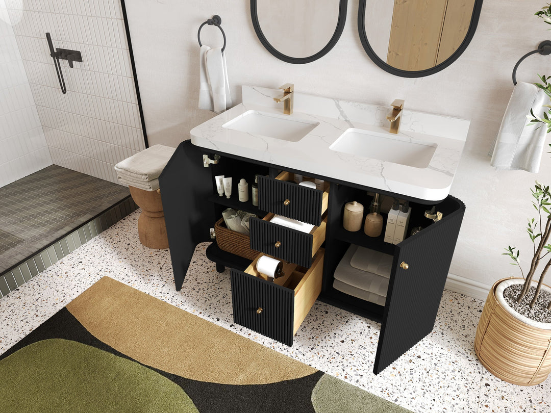 Miami 48 in. W x 22 in. D Double Sink Bathroom Vanity in Black with Countertop - Side View Open Drawer