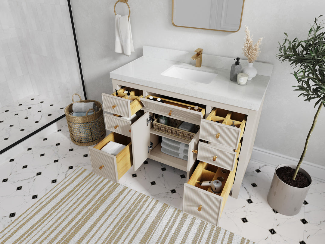 Sonoma 48 in. W x 22 in. D Single Sink Bathroom Vanity in Fine Grain with countertop - Side View Open Drawer