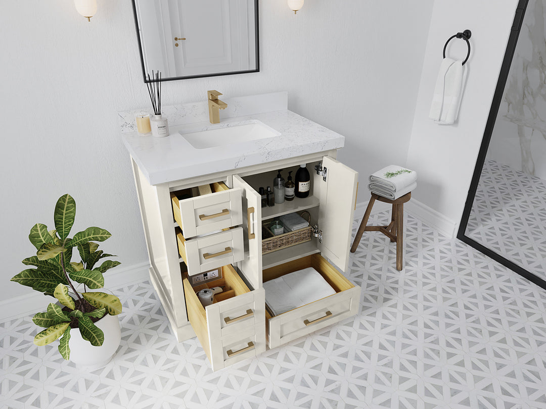 Boston 36 in. W x 22 in. D Single Sink Bathroom Vanity in Alabaster with Countertop - Side View Open Drawer