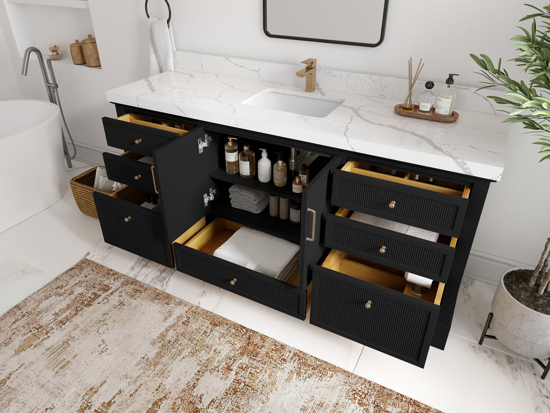 Alys 72 in. W x 22 in. D Single Sink Bathroom Vanity in Black with countertop - Side View Open Drawer