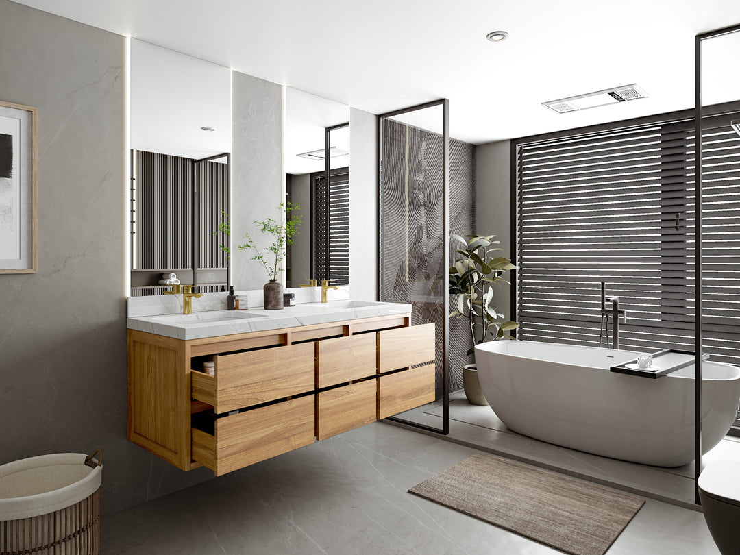 Madison Floating Teak 60 in. W x 22 in. D Double Sink Bathroom Vanity