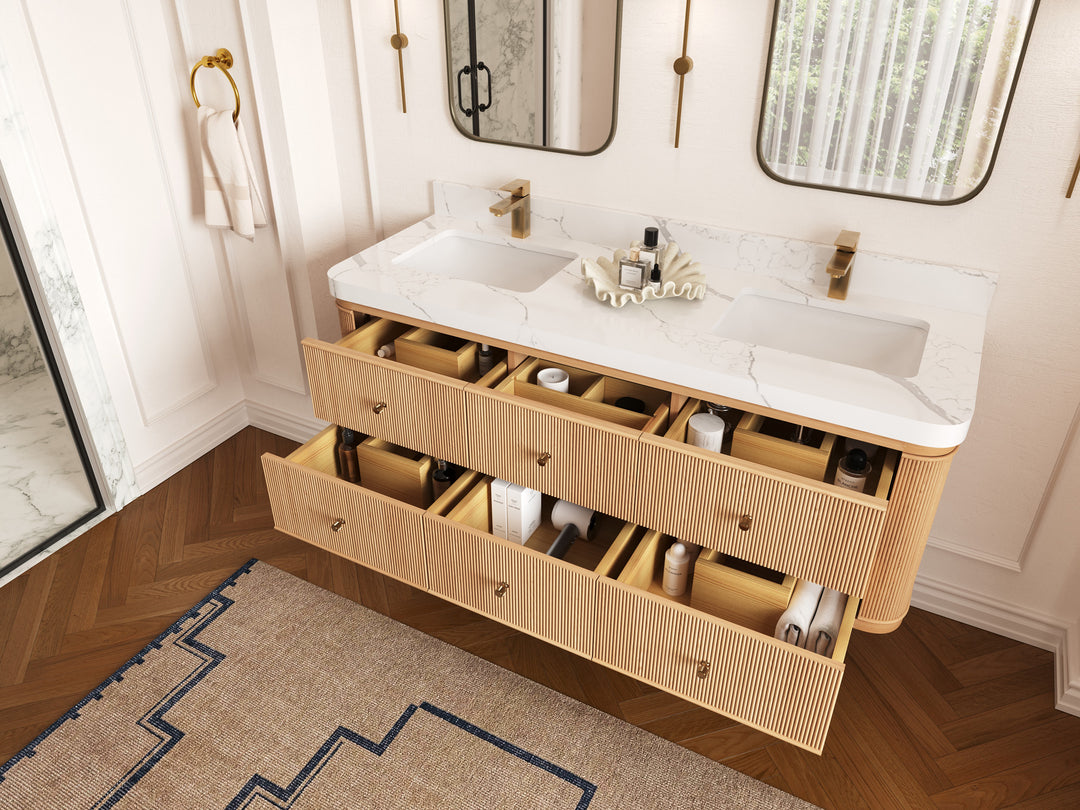 Hampton Floating White Oak 60 in. W x 22 in. D Double Sink Bathroom Vanity with Countertop - Side View Open Drawer
