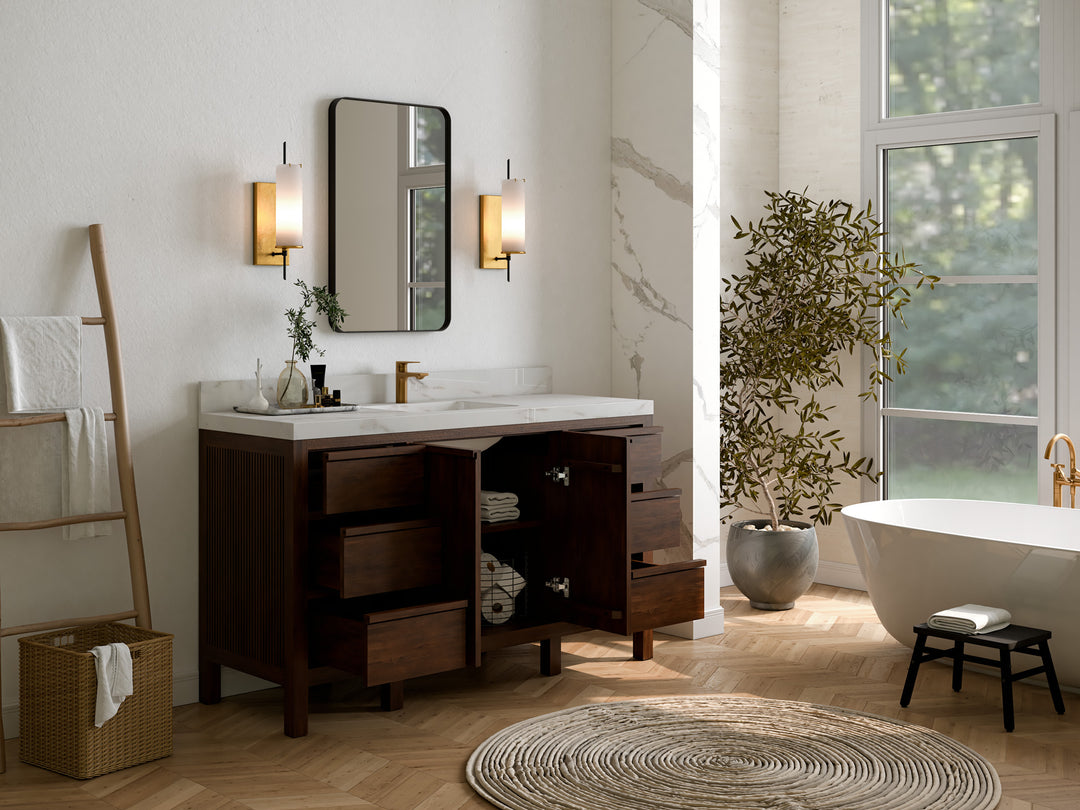 Elizabeth Teak 60 in. W x 22 in. D Single Sink Bathroom Vanity in Dark Walnut with Countertop - Side View Open Drawer