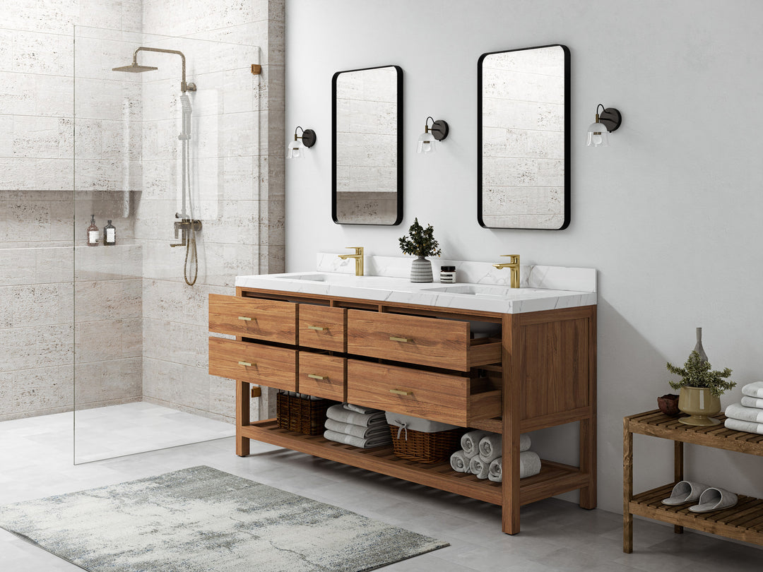 Parker Teak 72 in. W x 22 in. D Double Sink Bathroom Vanity in Golden with Countertop - Side view Open drawer 