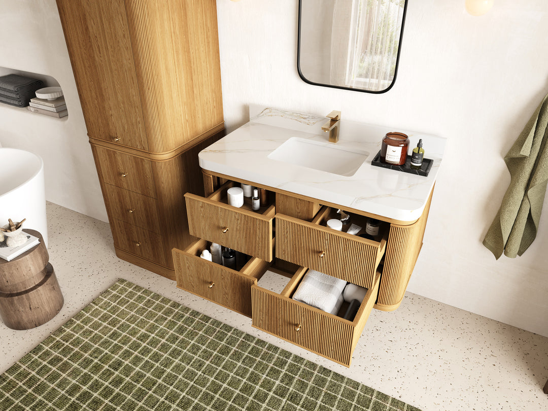 Hampton Floating Teak 42 in. W x 22 in. D Single Sink Bathroom Vanity with Countertop - Side View Open Drawer