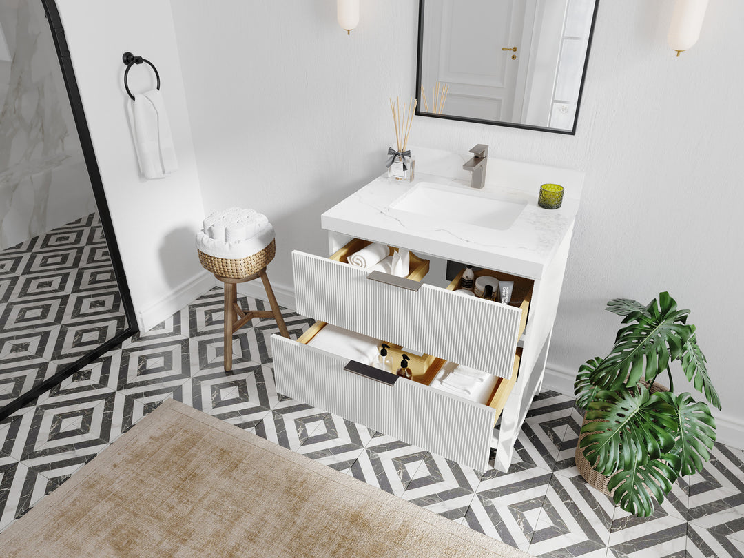Catalina 30 in. W x 22 in. D Double Sink Bathroom Vanity in White  with Countertop- Side View Open Drawer