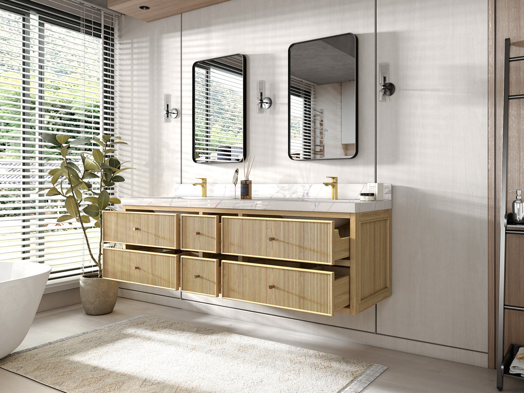 Sonoma Floating Teak 72 in. W x 22 in. D Single Sink Bathroom Vanity in Light Natural with countertop - Side View Open