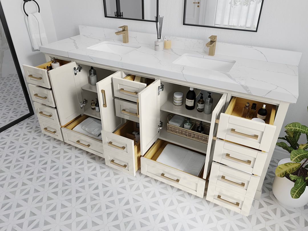 Boston 84 in. W x 22 in. D Double Sink Bathroom Vanity in Alabaster with Countertop - Side View Open Drawer