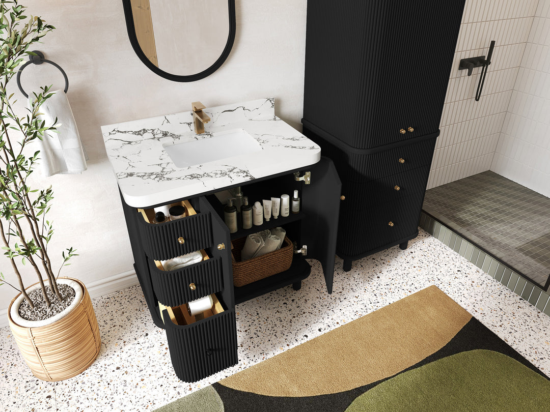 Miami 36 in. W x 22 in. D Center Sink Bathroom Vanity in Black with Countertop - Side View Open Drawer
