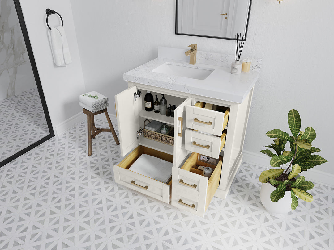 Boston 36 in. W x 22 in. D Single Sink Bathroom Vanity in Alabaster with Countertop - Side View Open Drawer