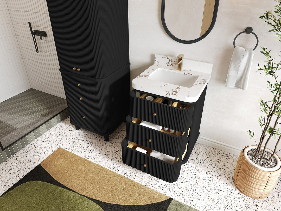Miami 24 in. W x 22 in. D Single Sink Bathroom Vanity in Black with Countertop - Side View Open Drawer