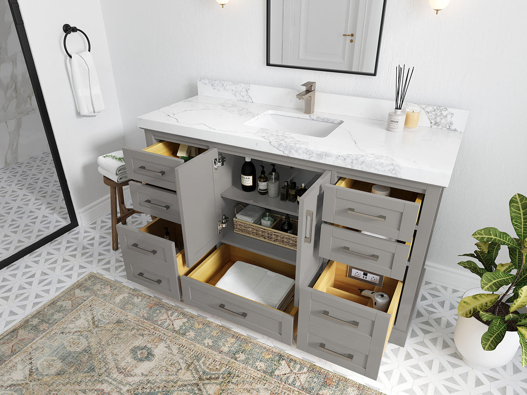Boston 60 in. W x 22 in. D Single Sink Bathroom Vanity in Elephant Skin Gray with Countertop - Side View Open Drawer